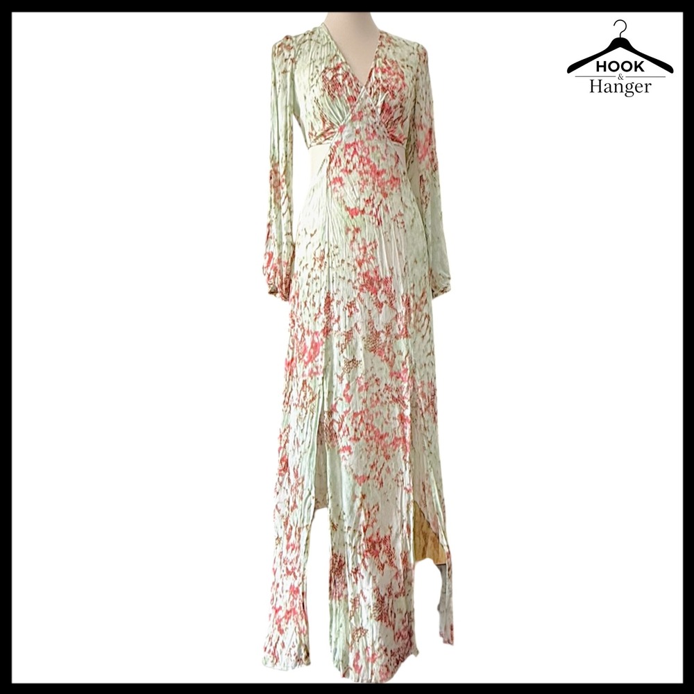 Ark & Co Side Cutout Snakeskin Maxi Dress Deep V Neck Long Open Sleeve Mint Pink